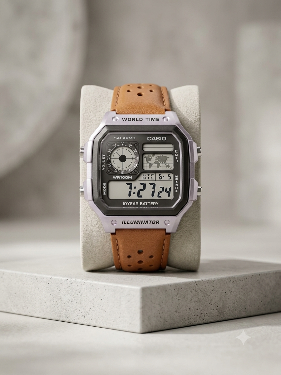 Casio Casio Illuminator World Time Digital Watch (Tan Leather Strap Edition)